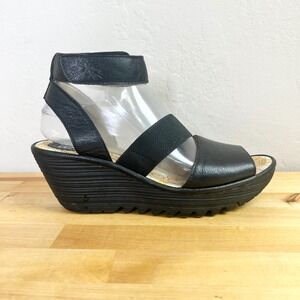 Fly London Yodefly Leather Wedge Sandals Black Platform Ankle Strap Size 38